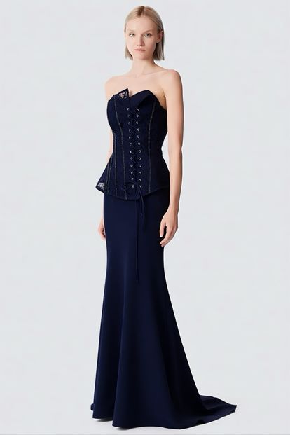 Lacivert Bağcıklı Korse Detaylı Abiye Elbise